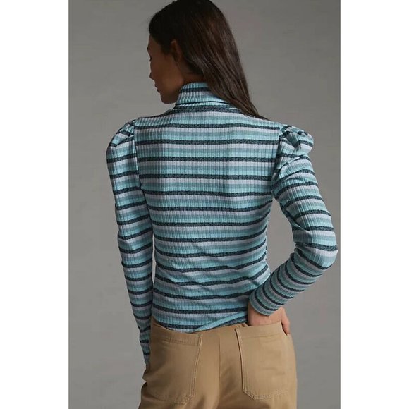 Anthropologie Maeve Puff-Sleeved Striped Turtleneck Top XL - Picture 4 of 9